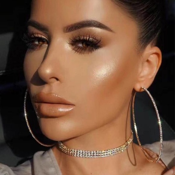 Big Large Gold Hoop Circle Rhinestone Earrings - Picture 4 of 5